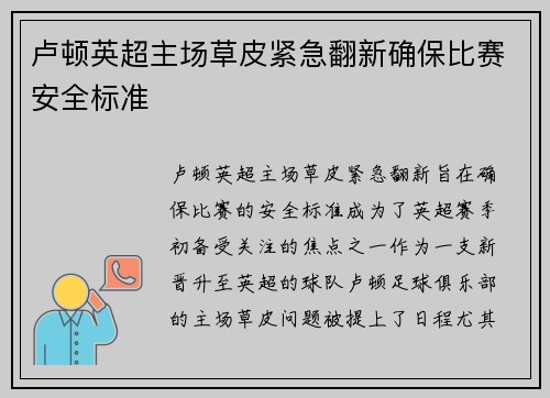 卢顿英超主场草皮紧急翻新确保比赛安全标准 卢顿英超主场草皮紧急翻新确保比赛安全标准