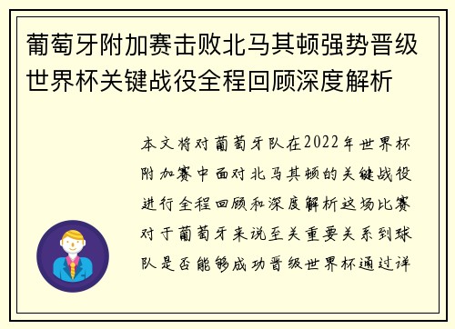 葡萄牙附加赛击败北马其顿强势晋级世界杯关键战役全程回顾深度解析 葡萄牙附加赛击败北马其顿强势晋级世界杯关键战役全程回顾深度解析