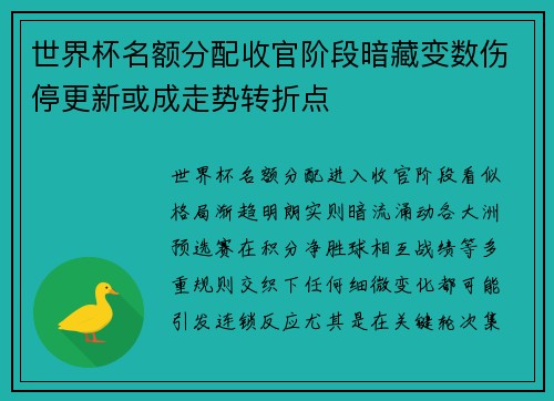 世界杯名额分配收官阶段暗藏变数伤停更新或成走势转折点 世界杯名额分配收官阶段暗藏变数伤停更新或成走势转折点