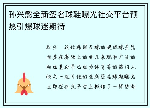 孙兴慜全新签名球鞋曝光社交平台预热引爆球迷期待 孙兴慜全新签名球鞋曝光社交平台预热引爆球迷期待